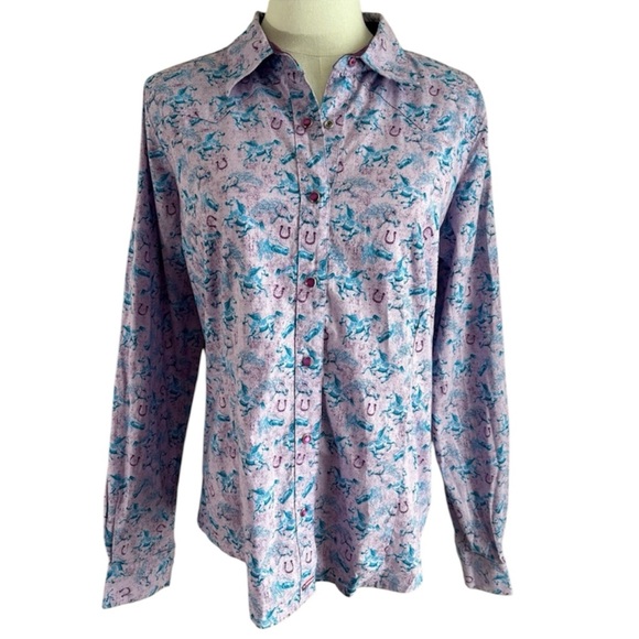 Vintage Wrangler Competition Shirt Horses Long Sleeve Button Purple Size Large - Picture 1 of 9